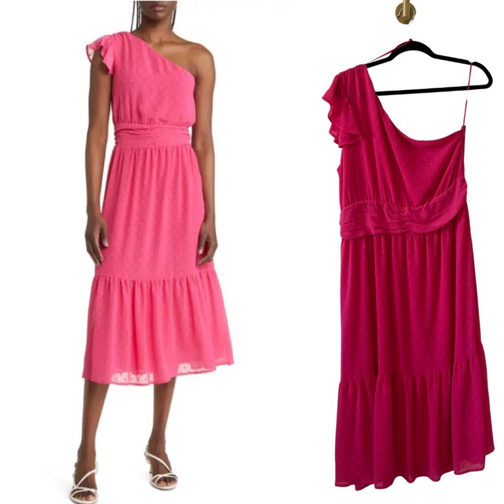 Chelsea 28 Pink Polka Dot One Shoulder Ruffle Feminine Midi Dress Womens Small